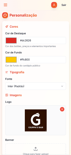 Página de personalização do cardápio